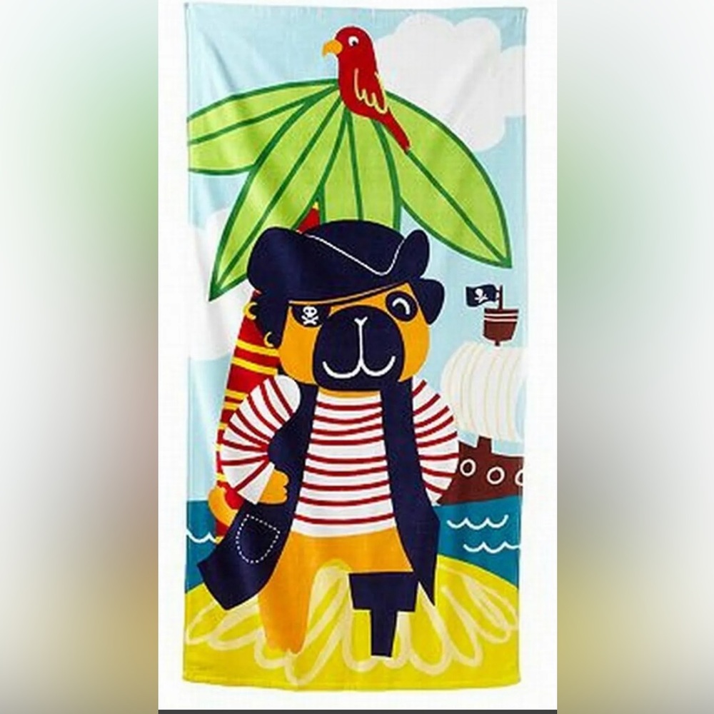 Pug Dog Pirate Palm Tree Velour Beach Towel 30”x 60” New NWT